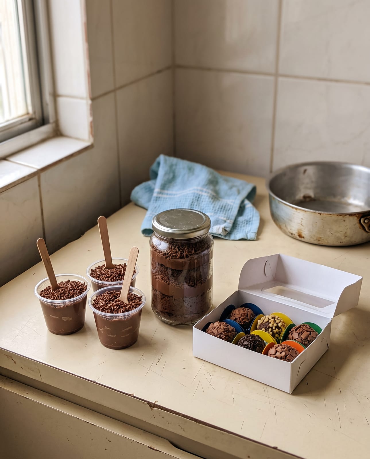 Potes de brigadeiro de colher, bolo de pote e trufas numa caixinha branca na bancada da cozinha