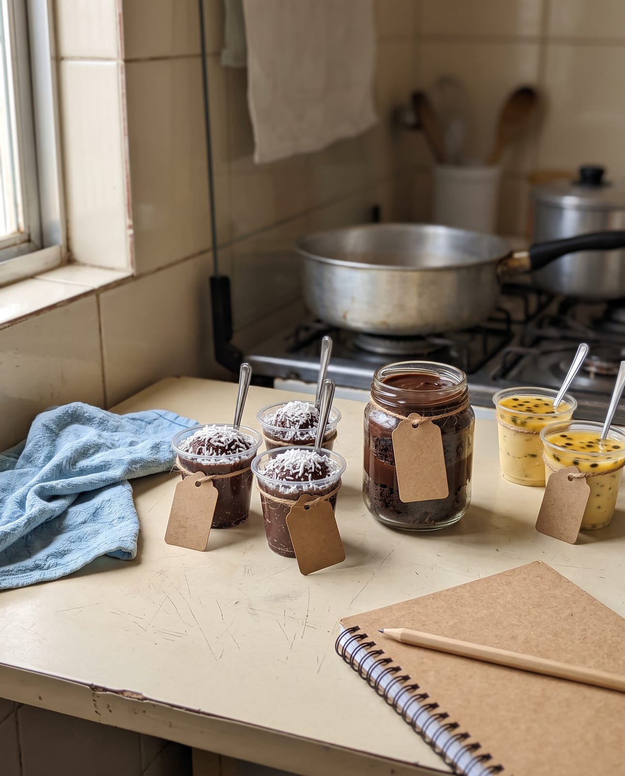 Três doces com menos açúcar em potes com etiqueta kraft na bancada da cozinha: brigadeiro de cacau com coco, brownie de pote e mousse de maracujá