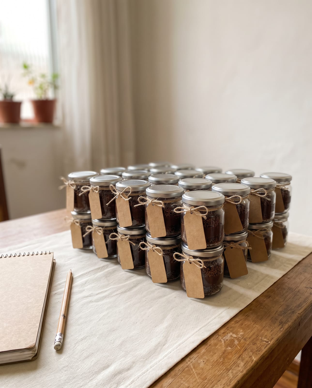 Trinta potes de brigadeiro com tag de papel kraft em três fileiras sobre a mesa, caderno escolar ao lado
