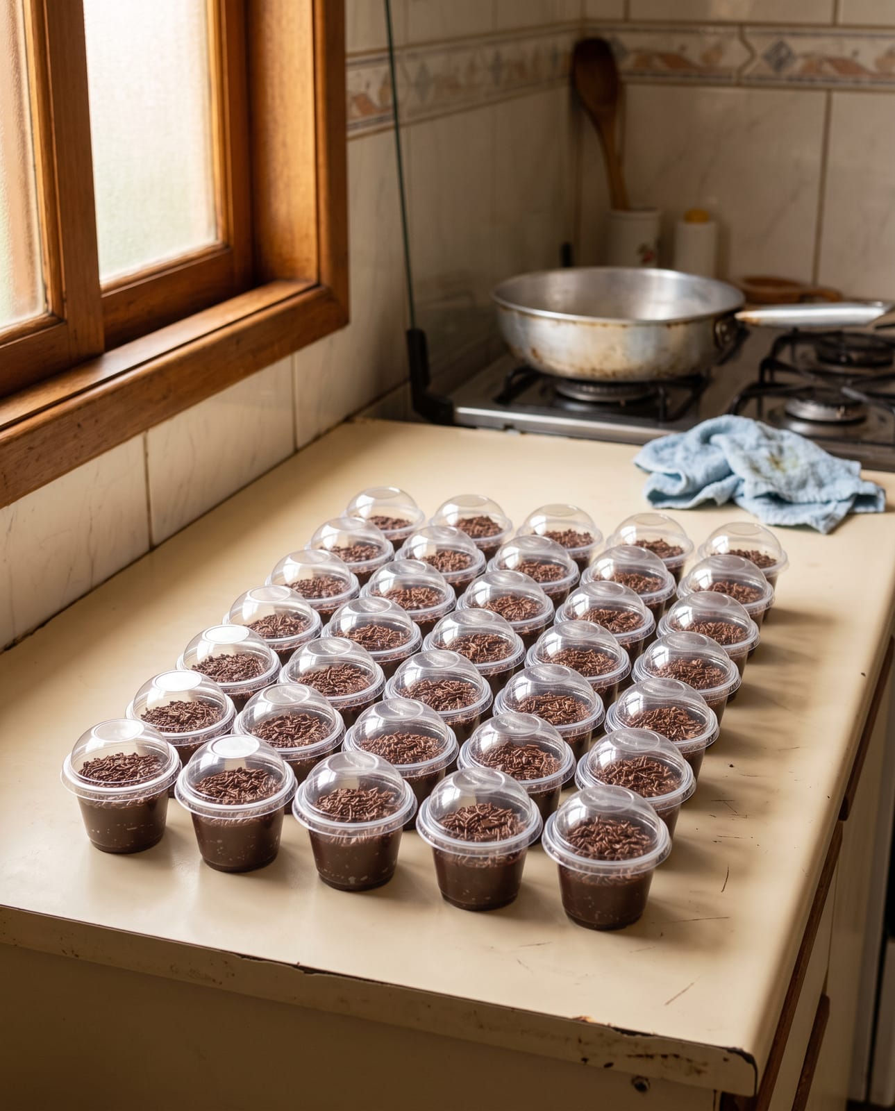 Cerca de quarenta potes de brigadeiro enfileirados na bancada da cozinha, luz de janela