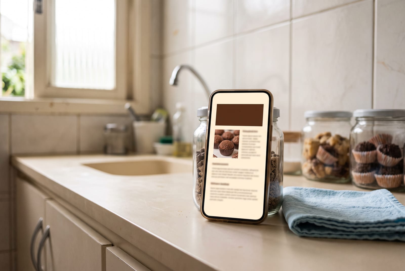 Celular apoiado na bancada mostrando o ebook, doces desfocados ao fundo